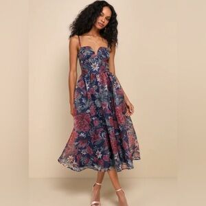 Cherished Aura Navy Blue Floral Organza Bustier Midi Dress
